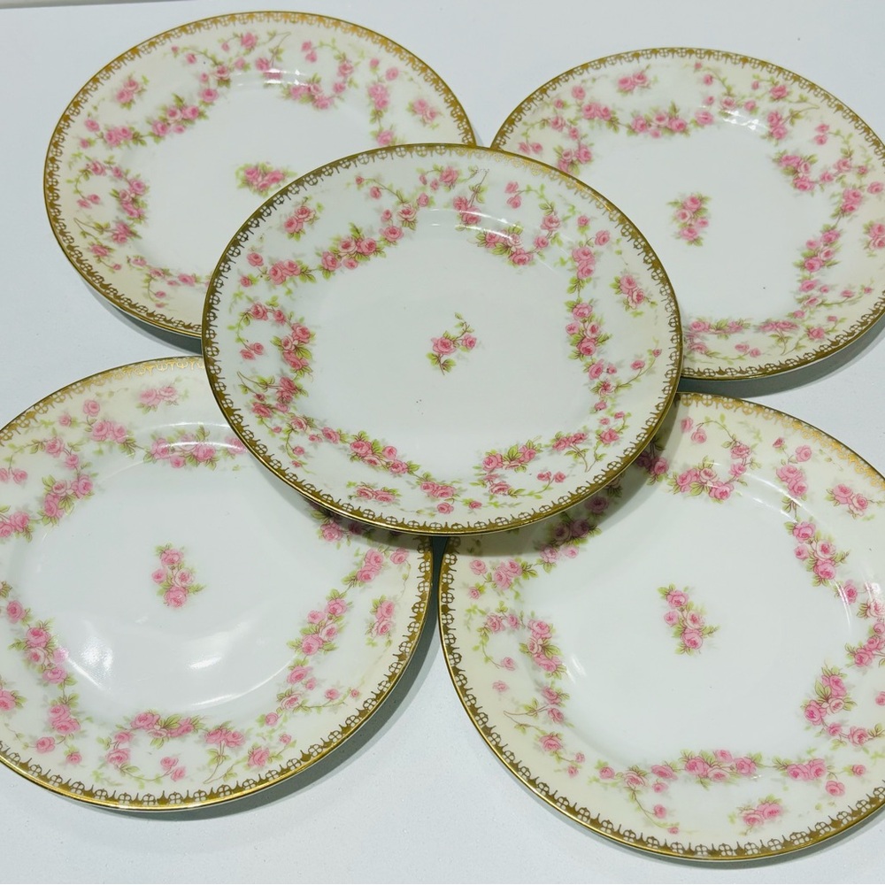 Antique AP Adulf Persch Elegant Floral Bread/Cake Plates Set of 5 Pink and Gold
